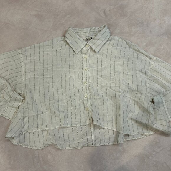 31 Fashion Linen Striped Cream Off White Set Long Sleeve Button Up Tank Top Crop - Picture 9 of 15